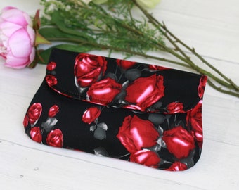 Black and red rose clutch, simple clutch, gift idea for her, halloween clutch, red rose bag, handbag, black clutch purse, bridesmaid gift