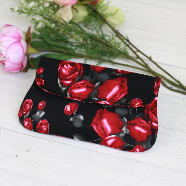 Black and red rose clutch, simple clutch, gift idea for her, halloween clutch, red rose bag, handbag, black clutch purse, bridesmaid gift