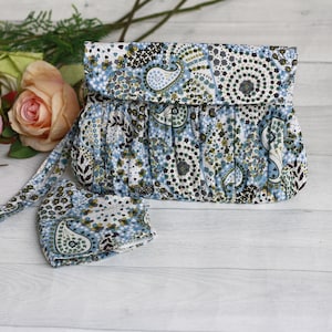 Blue paisley clutch purse with matching face mask, gift idea for her, clutch for women, Pleated clutch purse, cotton clutch, blue wristlet