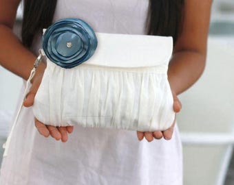 Wedding clutch: ivory linen clutch with dusty blue flower, bridesmaid clutch bag, bridesmaid gift