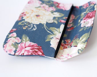 Floral Clutch, Dark Blue simple clutch, Bridesmaid Gift, Bridesmaid Clutch,