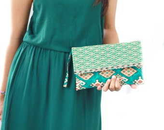 Envelope Clutch in Teal Batik print, Cotton clutch, Clutch purse, wristlet purse