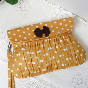 Polkadot clutch mustard yellow and white, pleated wristlet, gathered clutch image 2