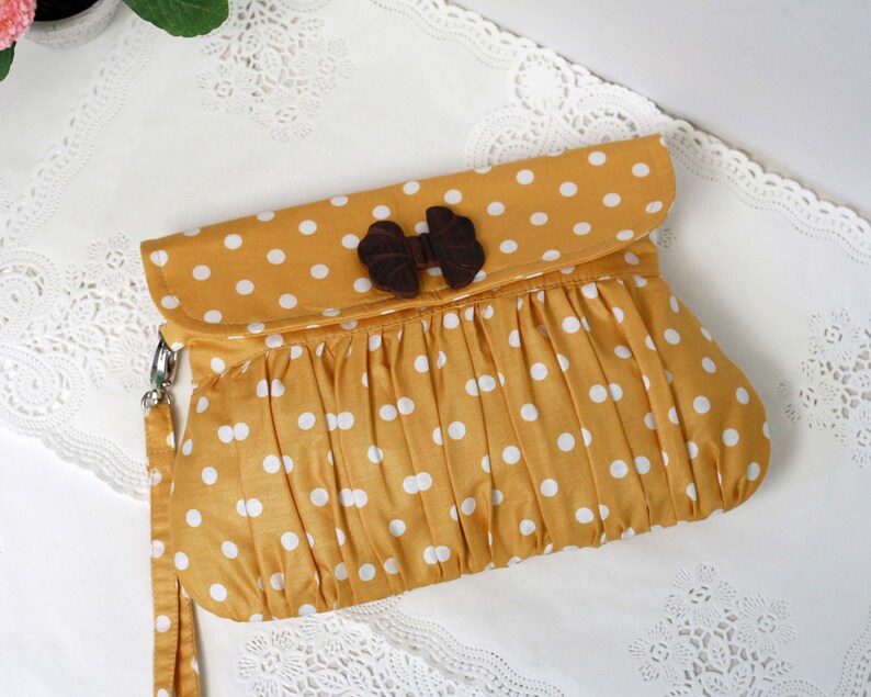 Polkadot clutch mustard yellow and white, pleated wristlet, gathered clutch image 2