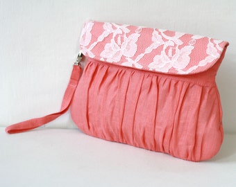 Linen and lace clutch coral and ivory - bridal clutch - bridesmaid clutch