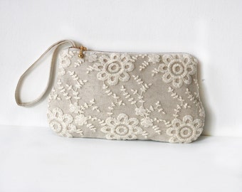 Linen Lace Clutch: Floral Embroidered Bridesmaid Purse with Wrist Strap