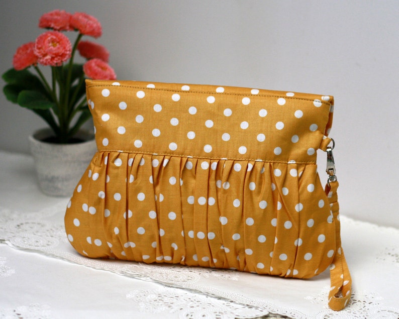 Polkadot clutch mustard yellow and white, pleated wristlet, gathered clutch image 4