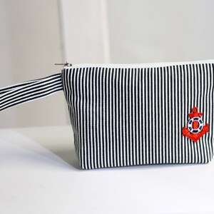 Cosmetic Bag nautical stripe, canvas pouch, zippered make up bag, anchor bag image 2