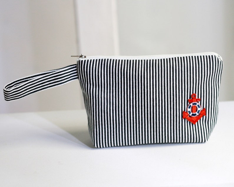 Cosmetic Bag nautical stripe, canvas pouch, zippered make up bag, anchor bag image 2
