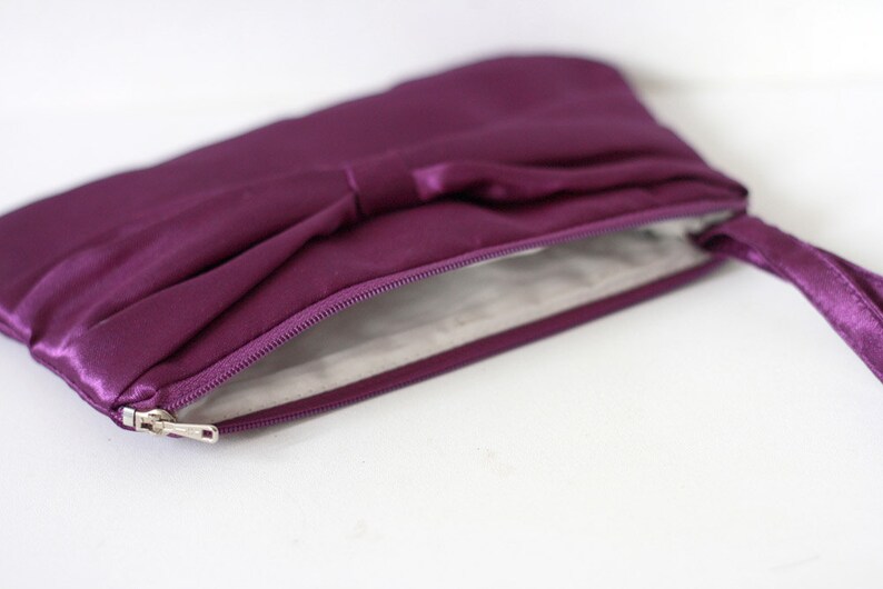 Bridesmaid clutch purple satin with bow and hidden strap image 5