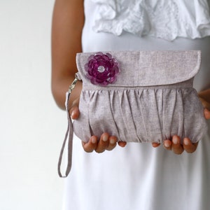 Bridesmaid gift or bridesmaid clutch, Purple Linen Clutch Pleated Purse with Purple beaded flower