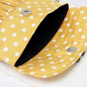 Polkadot clutch mustard yellow and white, pleated wristlet, gathered clutch image 5