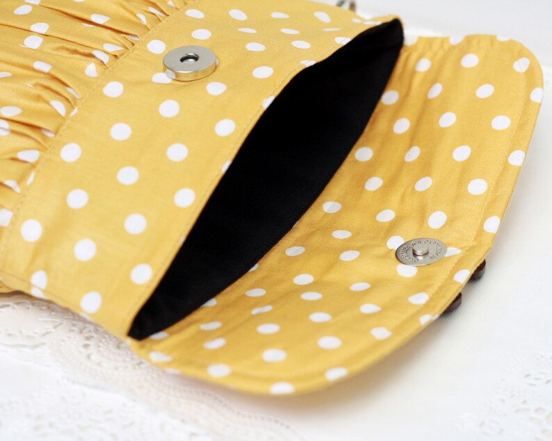 Polkadot clutch mustard yellow and white, pleated wristlet, gathered clutch image 5