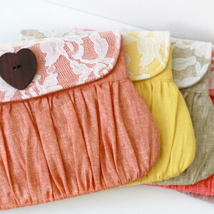 Autumn wedding linen and lace clutch, bridesmaid clutch, bridal clutch, bridesmaid gift, orange, yellow, taupe,red,mauve image 3