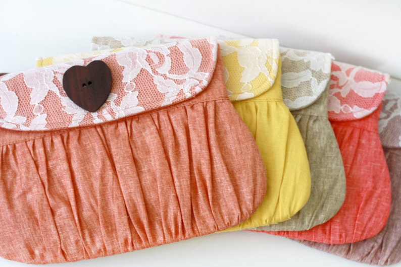 Autumn wedding linen and lace clutch, bridesmaid clutch, bridal clutch, bridesmaid gift, orange, yellow, taupe,red,mauve image 3