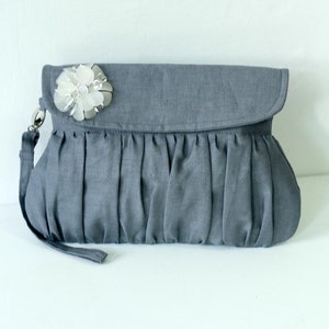 Charcoal Grey Linen Clutch with white beaded flower