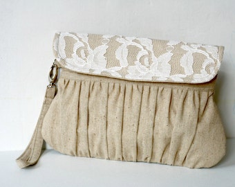 Linen Lace Clutch Purse, Rustic Bridesmaid Gift