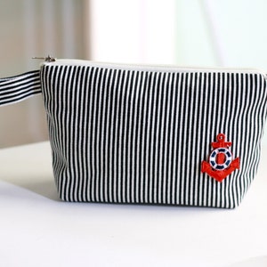 Cosmetic Bag nautical stripe, canvas pouch, zippered make up bag, anchor bag image 1