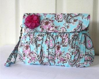 Summer fashion Wristlet Purse Turquoise Blue, Paisley Cotton with Fuchsia beaded flower