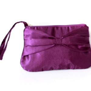 Bridesmaid clutch purple satin with bow and hidden strap image 2