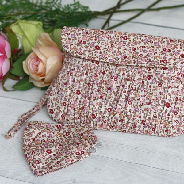 Matching Clutch and Mask, Dusty pink floral clutch, Bridesmaid Gift, gift for her, Tiny floral clutch purse, Dusty Pink Wedding