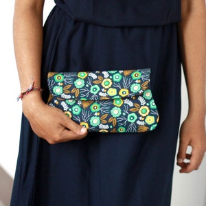 Navy floral bridesmaid clutch, bridesmaid gift, cotton clutch, navy  and gold clutch