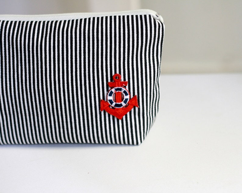 Cosmetic Bag nautical stripe, canvas pouch, zippered make up bag, anchor bag image 3