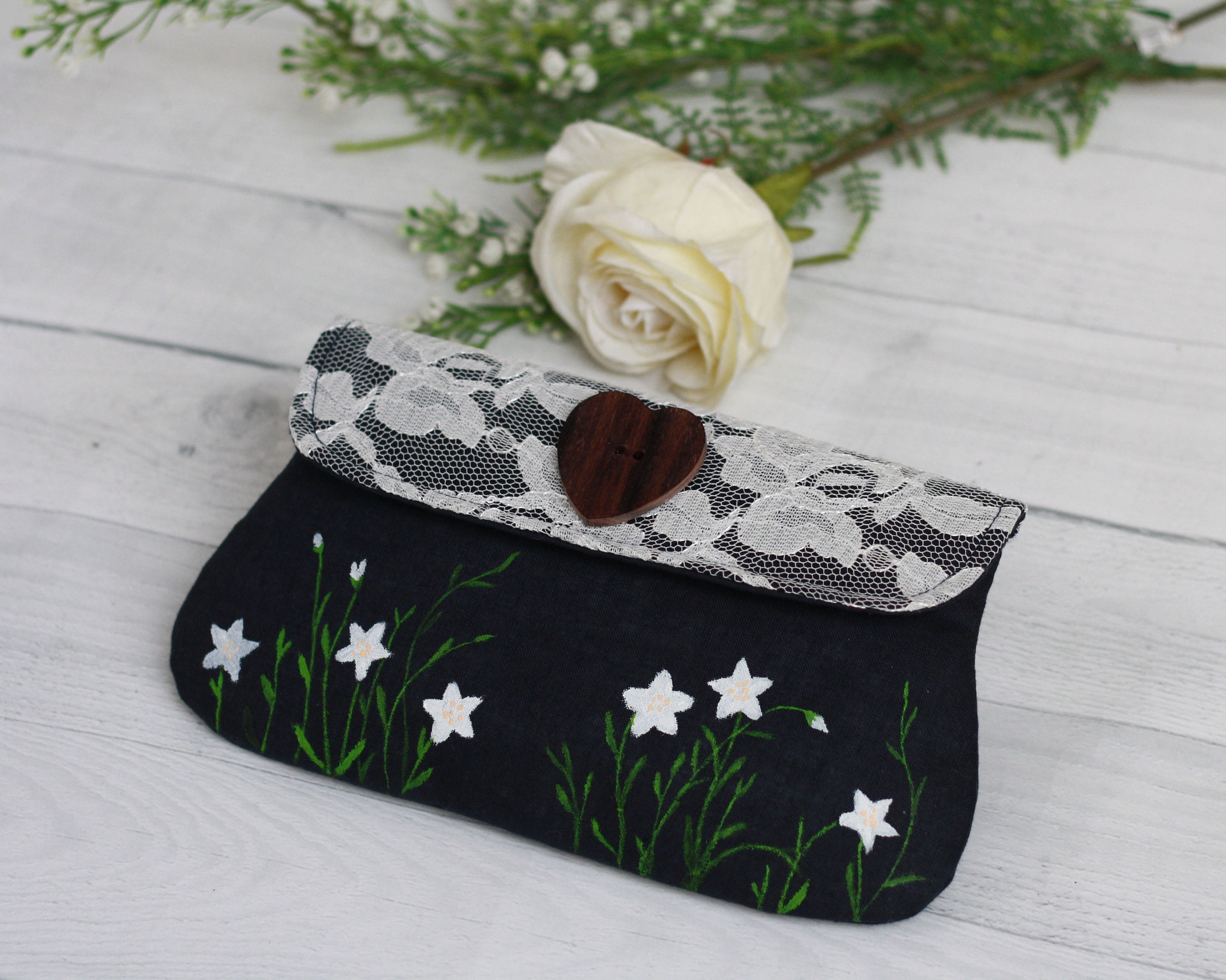 Handpainted Navy Linen Clutch Purse, Navy Evening Bag, Navy Clutch, Navy Purse, Bridesmaid Gift