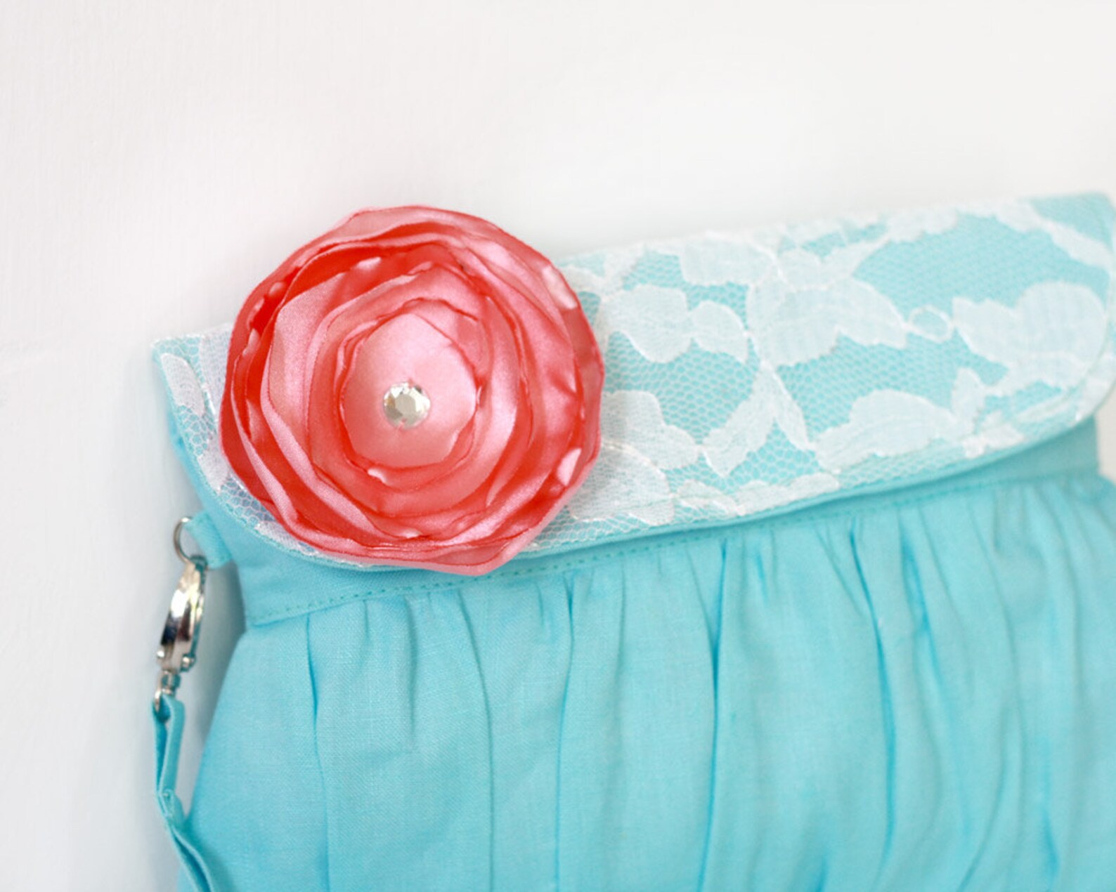 Bridesmaid Clutch Linen and Lace Aqua and Coral Satin Flower Etsy