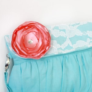 Bridesmaid clutch linen and lace aqua and coral satin flower, beach wedding, summer wedding clutch
