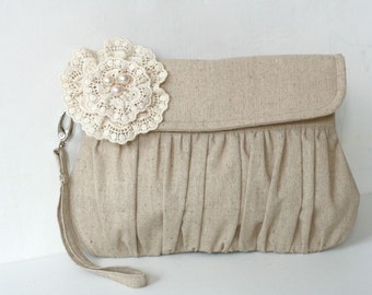 Rustic Linen Wedding Clutch, Lace Flower, Bridesmaid Gift