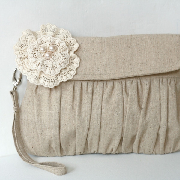 Rustic wedding clutch, bridesmaid gift, bridesmaid clutch purse, linen and lace clutch with strap, pearl flower clutch bag, wristlet clutch