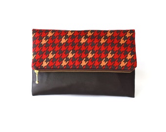 Houndstooth Cluth, Fold over clutch, zippered clutch,