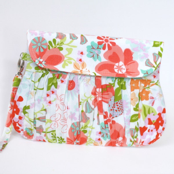 Summer Clutch, Flowers in coral and green clutch purse, pleated wristlet, gathered clutch