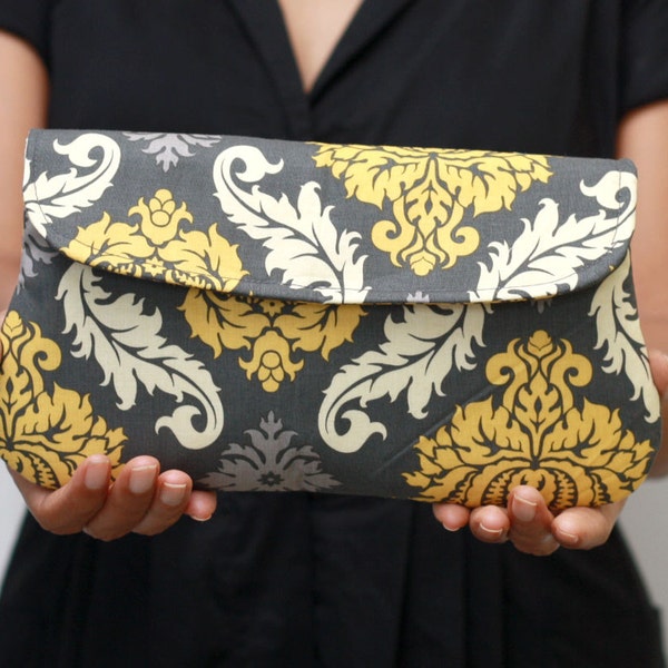 Bridesmaid clutch, bridesmaid gift, damask in grey, yellow and grey clutch purse