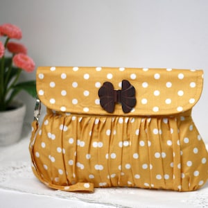 Polkadot clutch mustard yellow and white, pleated wristlet, gathered clutch image 1