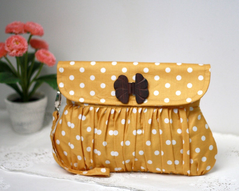Polkadot clutch mustard yellow and white, pleated wristlet, gathered clutch image 1
