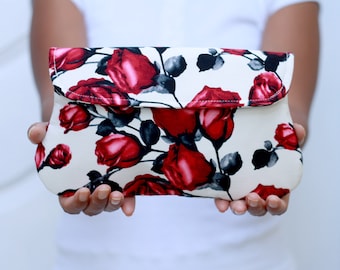 White, red and black rose clutch, halloween clutch, rose purse, rose bag, red rose handbag, floral clutch bag, red bridesmaid clutch