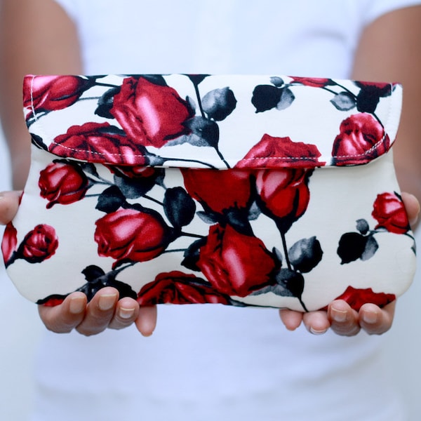 White, red and black rose clutch, halloween clutch, rose purse, rose bag, red rose handbag, floral clutch bag, red bridesmaid clutch