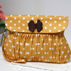 Polkadot clutch mustard yellow and white, pleated wristlet, gathered clutch image 3