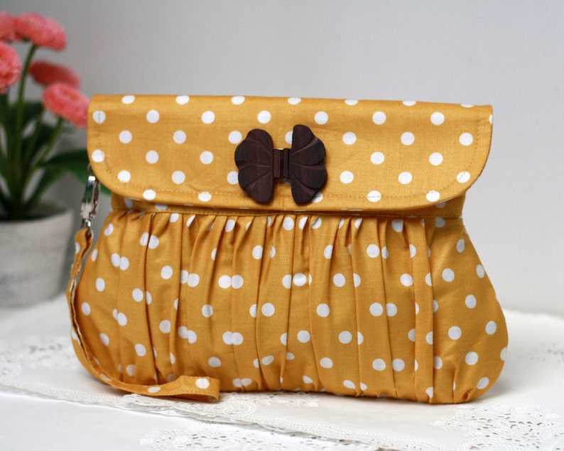 Polkadot clutch mustard yellow and white, pleated wristlet, gathered clutch image 3