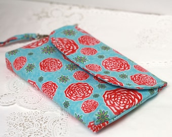 Clutch Purse Blue and Red Floral, zippered purse, mobile phone clutch with detachable wrist strap