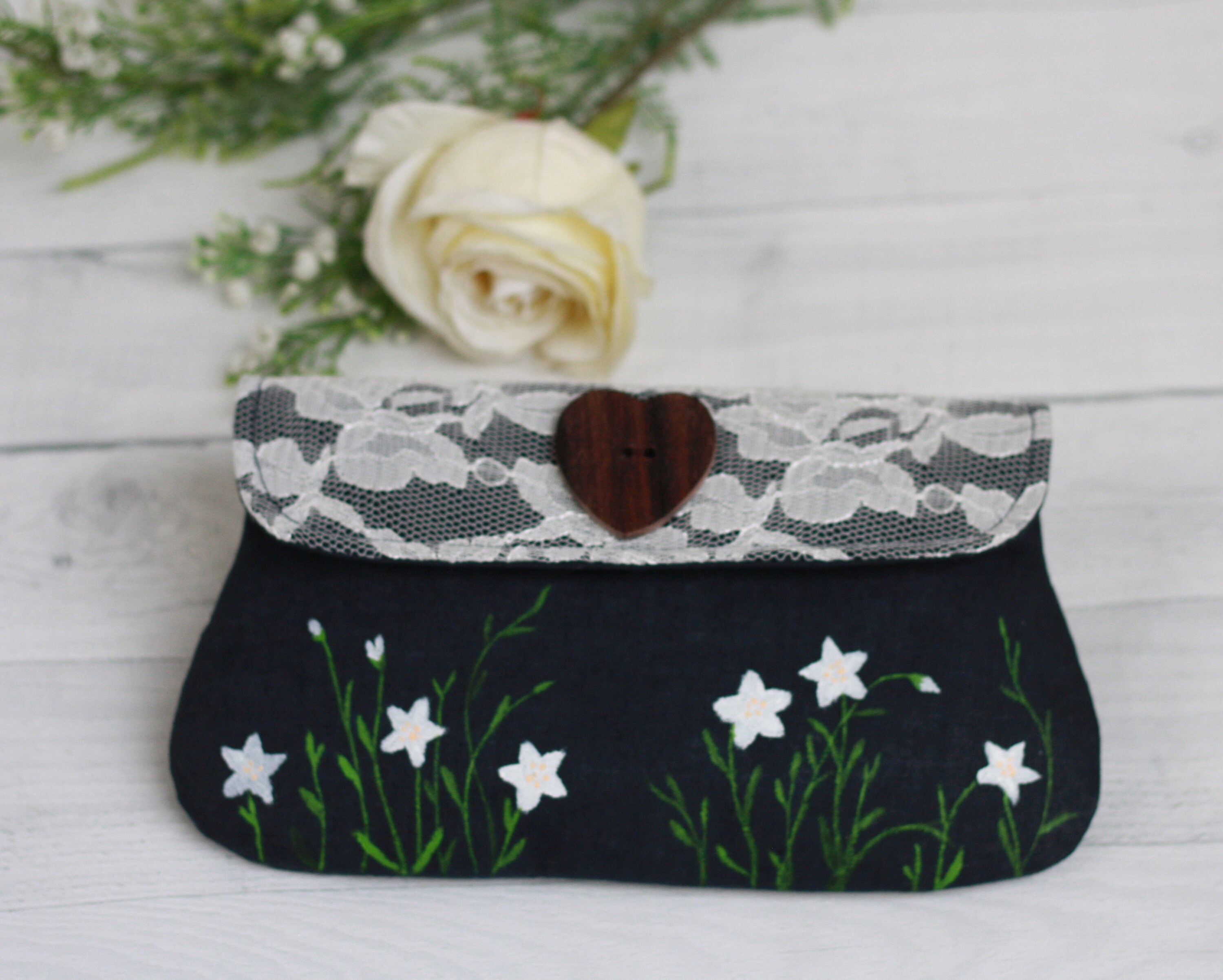 Handpainted Navy Linen Clutch Purse, Navy Evening Bag, Navy Clutch