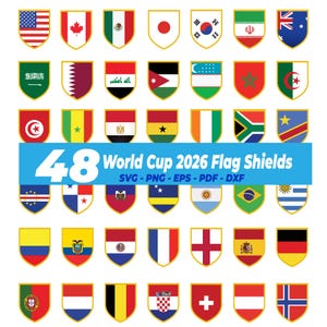 May include: A collection of 48 shield-shaped flags representing countries, with the text "48 World Cup 2026 Flag Shields" in a blue banner. The flags are in various colors and designs, including the flags of the USA, Canada, and Mexico.