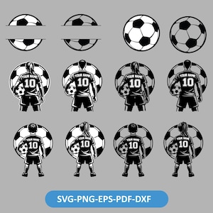 Peut inclure: Graphiques monochromes sur le thème du football. Comprend des ballons de football et des personnages tenant des ballons de football, avec le texte "YOUR NAME" et le numéro "10". Le bas de l'image contient le texte "SVG-PNG-EPS-PDF-DXF".