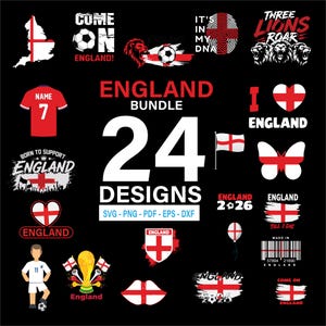 Könnte beinhalten: Eine Sammlung von 24 Designs zum Thema England auf schwarzem Hintergrund. Enthält Flaggen, Fußbälle und Text wie "England", "Come On England" und "Three Lions Roar". Erhältlich in SVG-, PNG-, PDF-, EPS- und DXF-Formaten.
