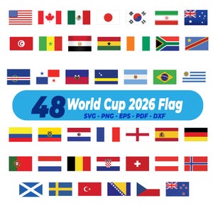 Può includere: Una collezione di 48 bandiere nazionali, ognuna con design e colori unici, disposte in file. Uno striscione blu centrale mostra "48 World Cup 2026 Flag" con opzioni di tipo di file. Le bandiere rappresentano paesi di tutto il mondo.