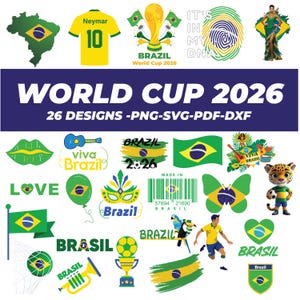 Könnte beinhalten: Eine Sammlung von Grafiken zum Thema Brasilien für die Weltmeisterschaft 2026, darunter ein Fußballtrikot, Flaggen, eine Trophäe und eine Karte von Brasilien. Der Text "WORLD CUP 2026" ist prominent dargestellt, zusammen mit "26 DESIGNS -PNG-SVG-PDF-DXF".