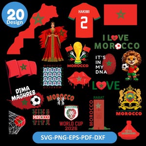 May include: A collection of 20 Moroccan-themed designs, including a map, flag, soccer jersey, and illustrations. The designs feature the colors red, green, and white, with text such as "Morocco", "World Cup 2026", and "I Love Morocco".