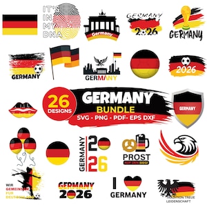 May include: A digital collection of 26 Germany-themed graphic designs featuring the German flag colors of black, red, and gold. Elements include soccer balls, the Brandenburg Gate, eagles, beer mugs, pretzels, and text such as Germany 2026 and It's In My DNA.